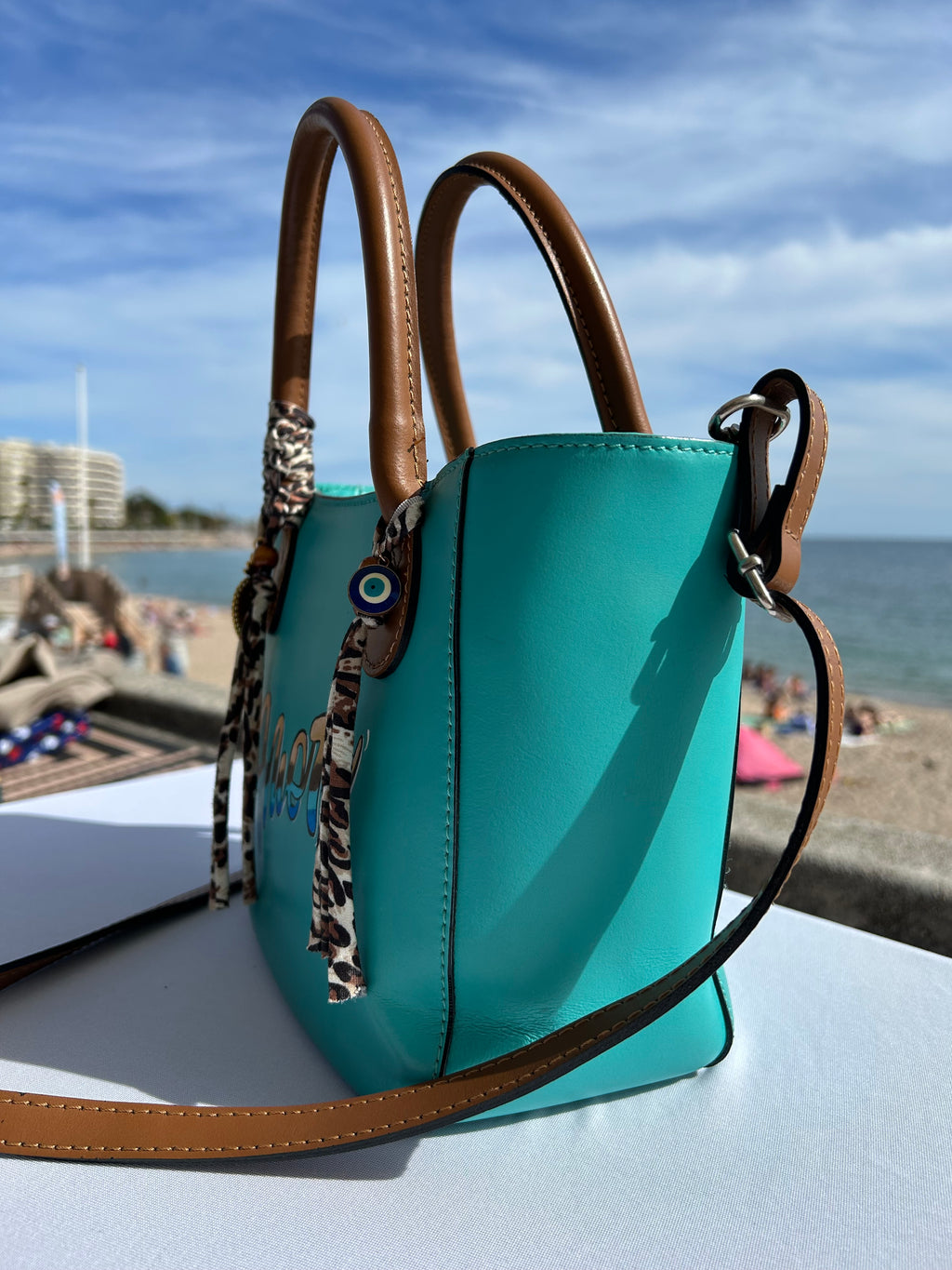 Sac cuir turquoise AMORE