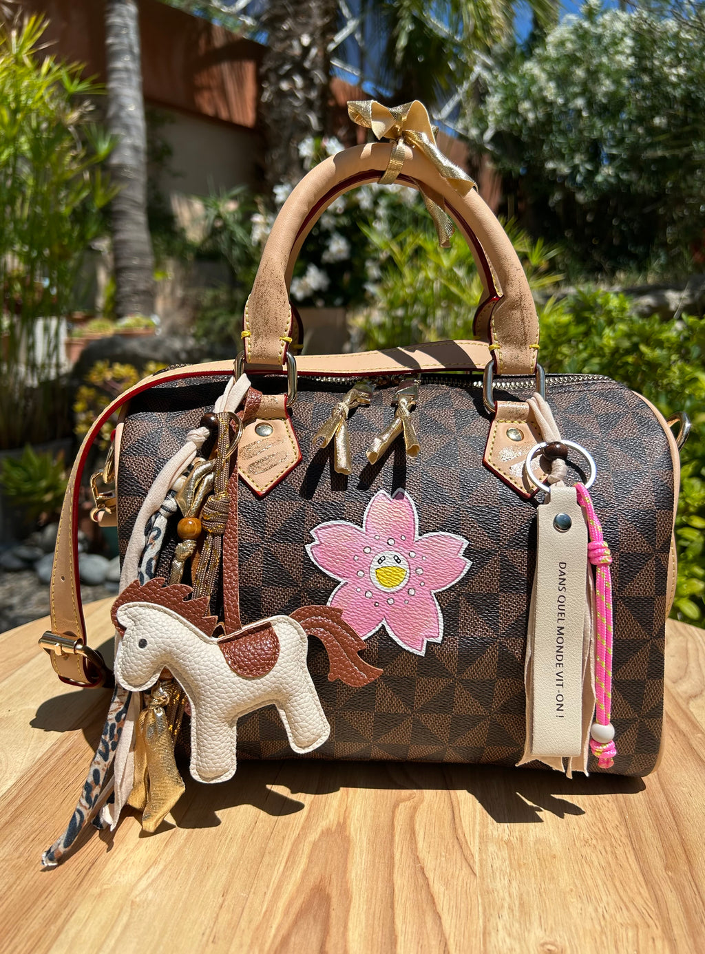 Sac Boston marron pink flower