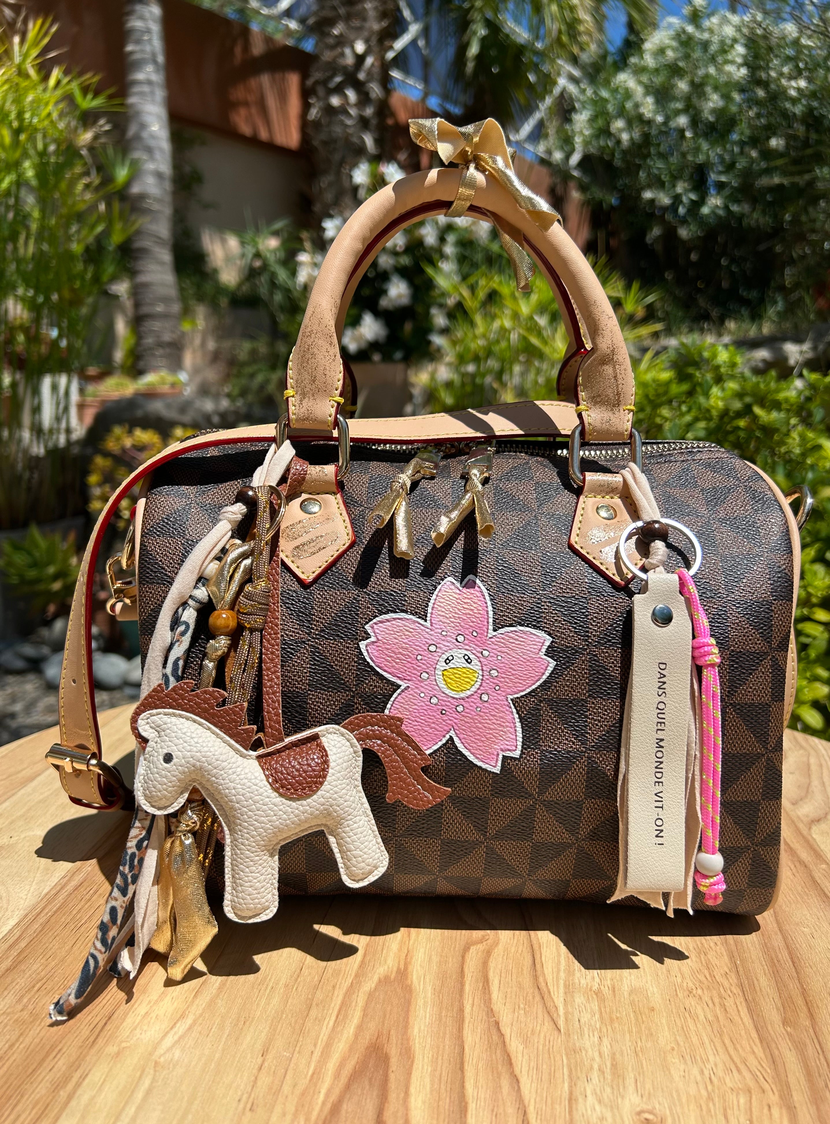 Sac Boston marron pink flower