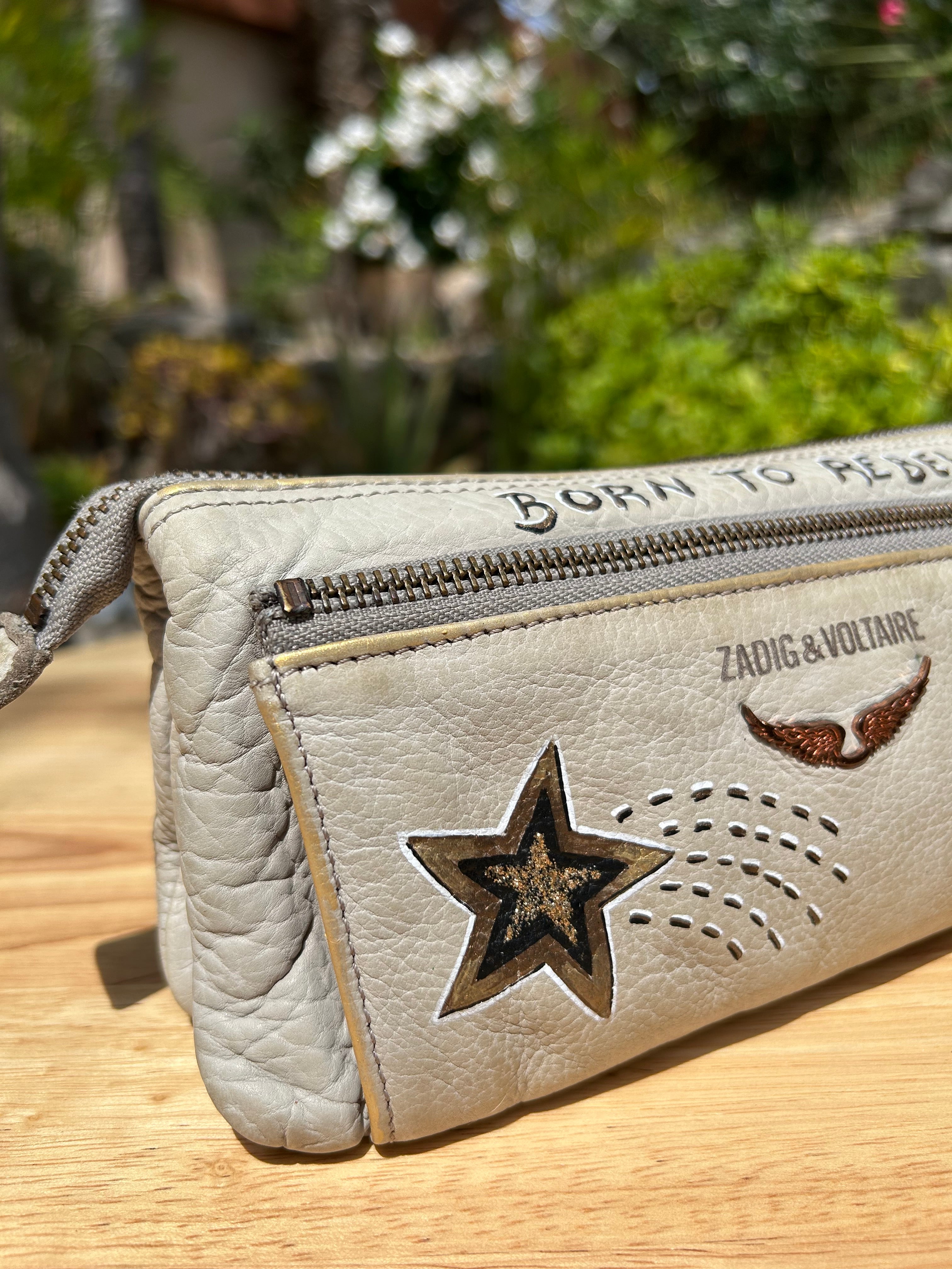 Pochette cuir ZADIG vintage customisée JE M’EN FOUS