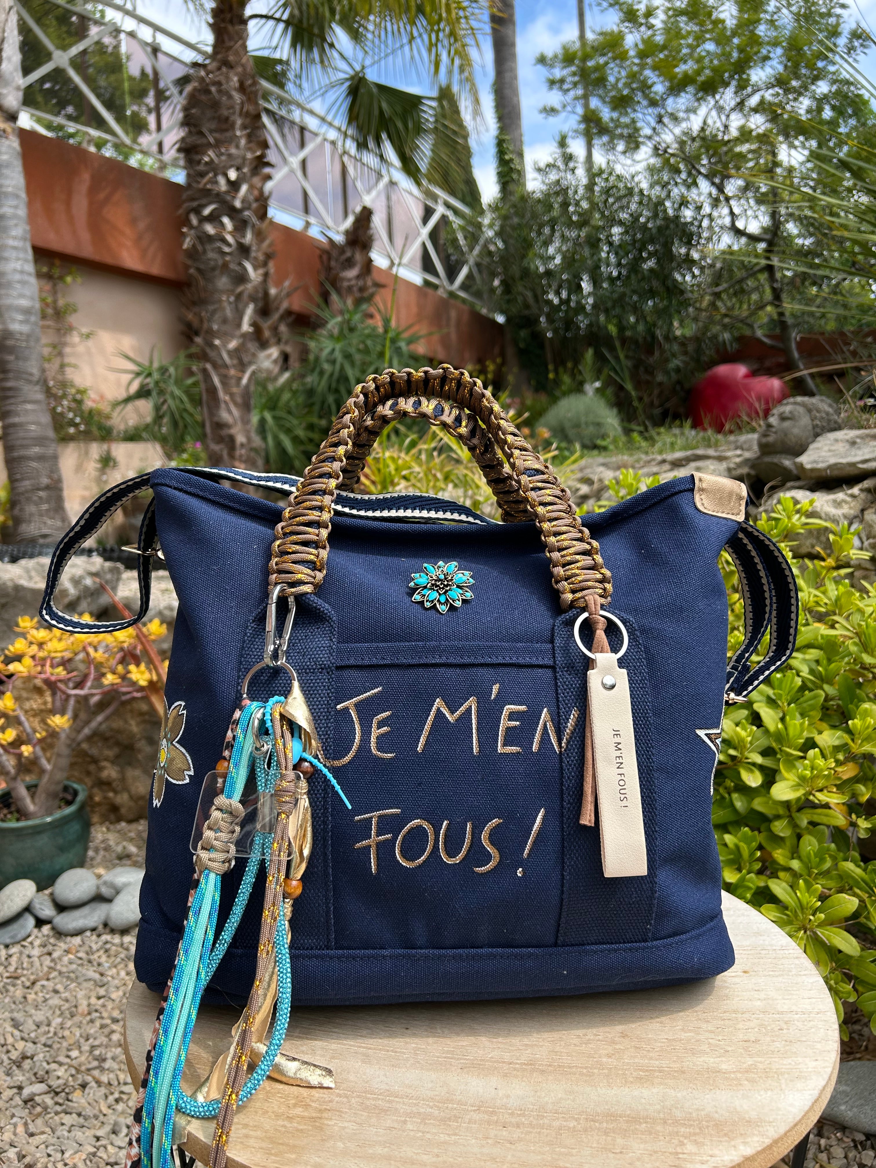 Grand sac toile bleu marine JE M’EN FOUS !