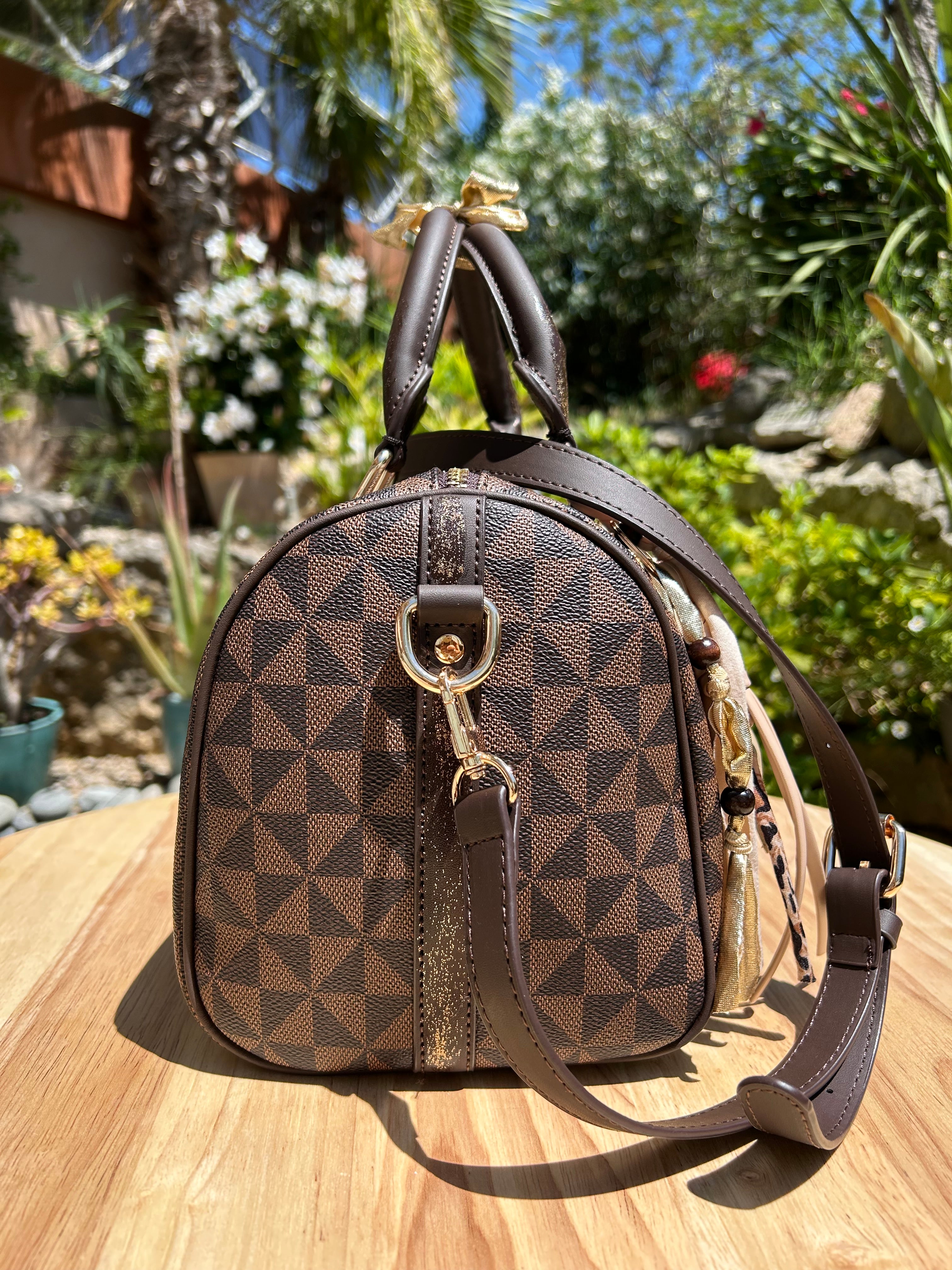 Sac Boston marron fleur dorée