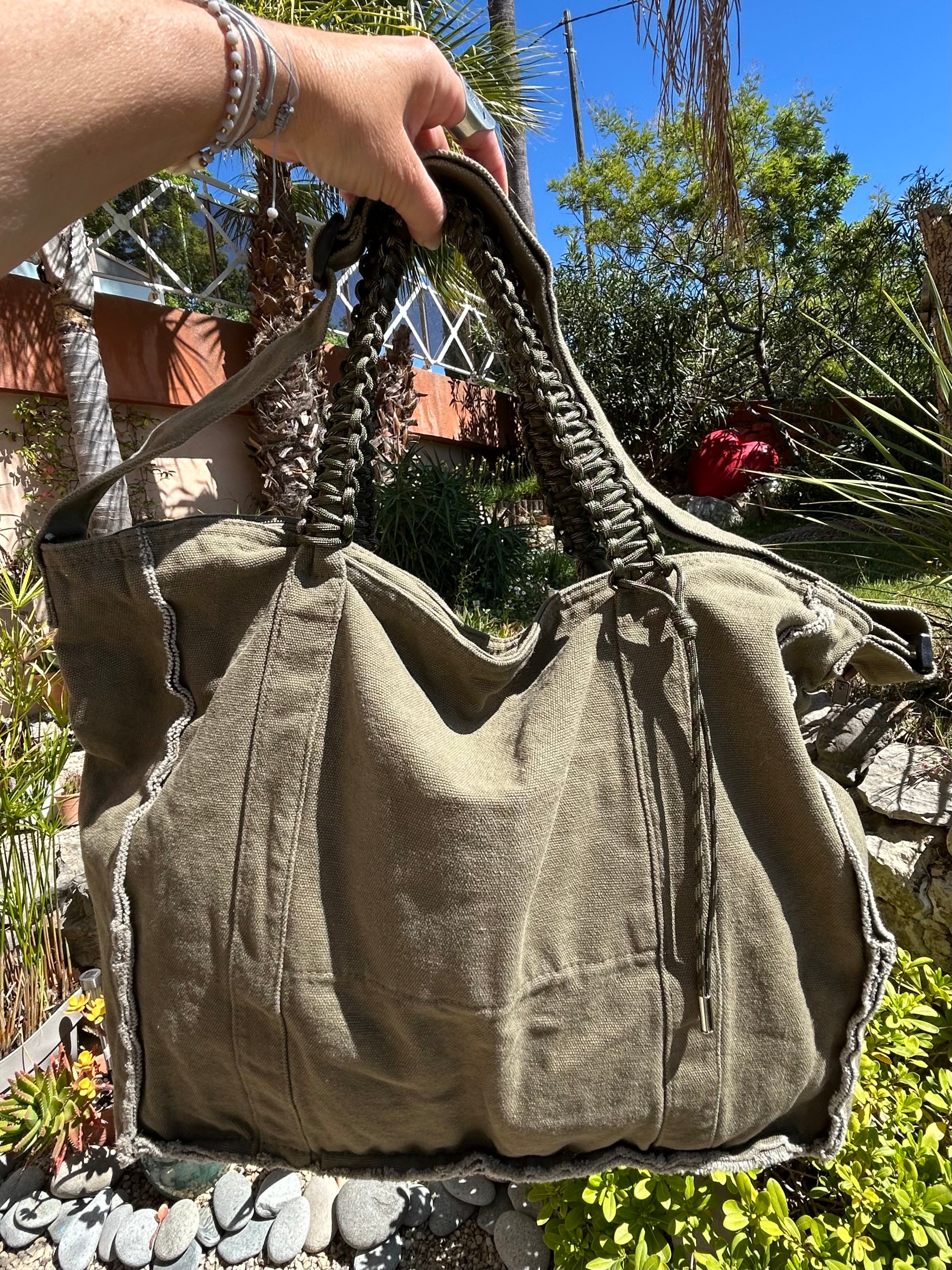 Grand sac toile kaki flower