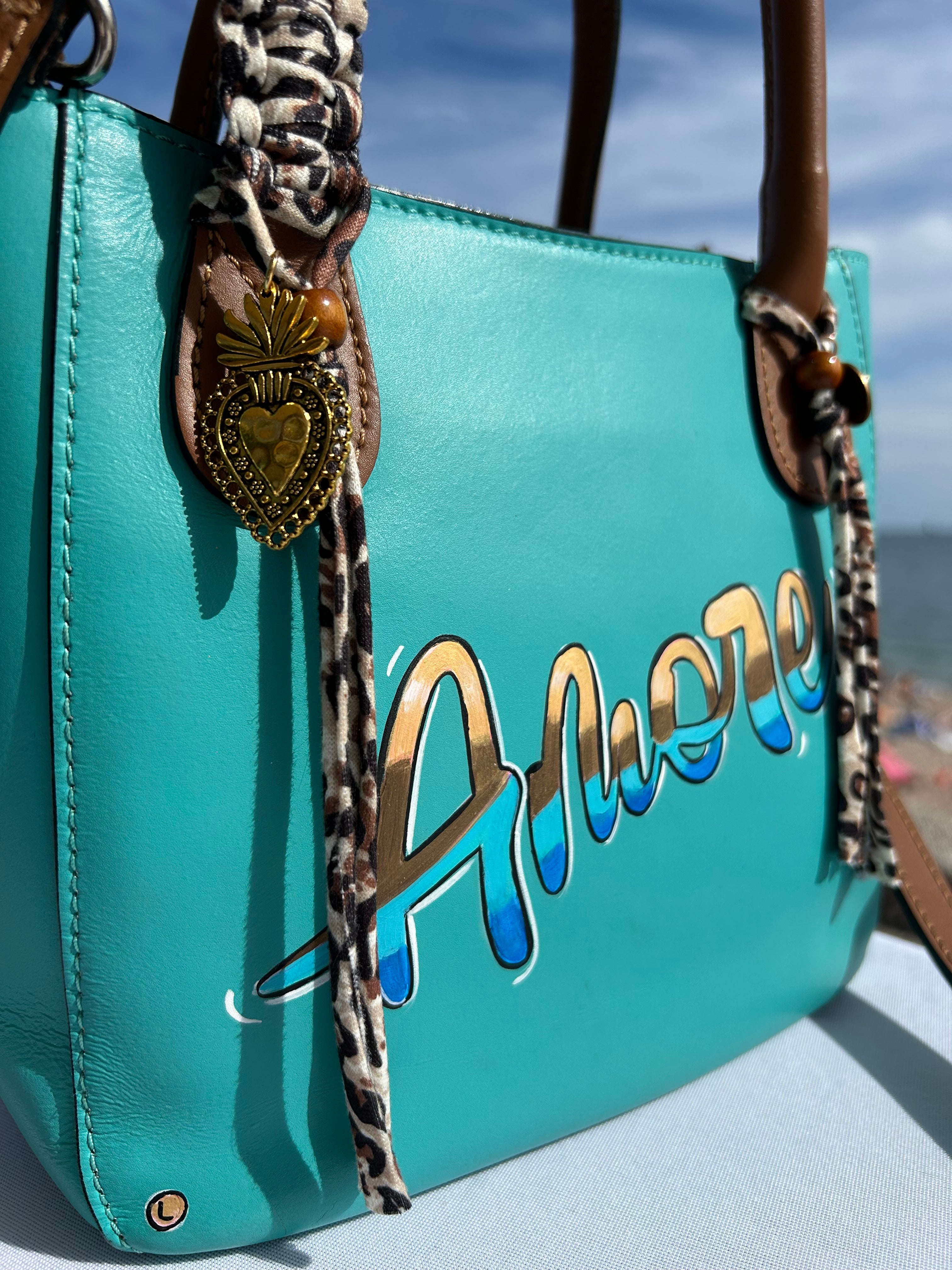 Sac cuir turquoise AMORE