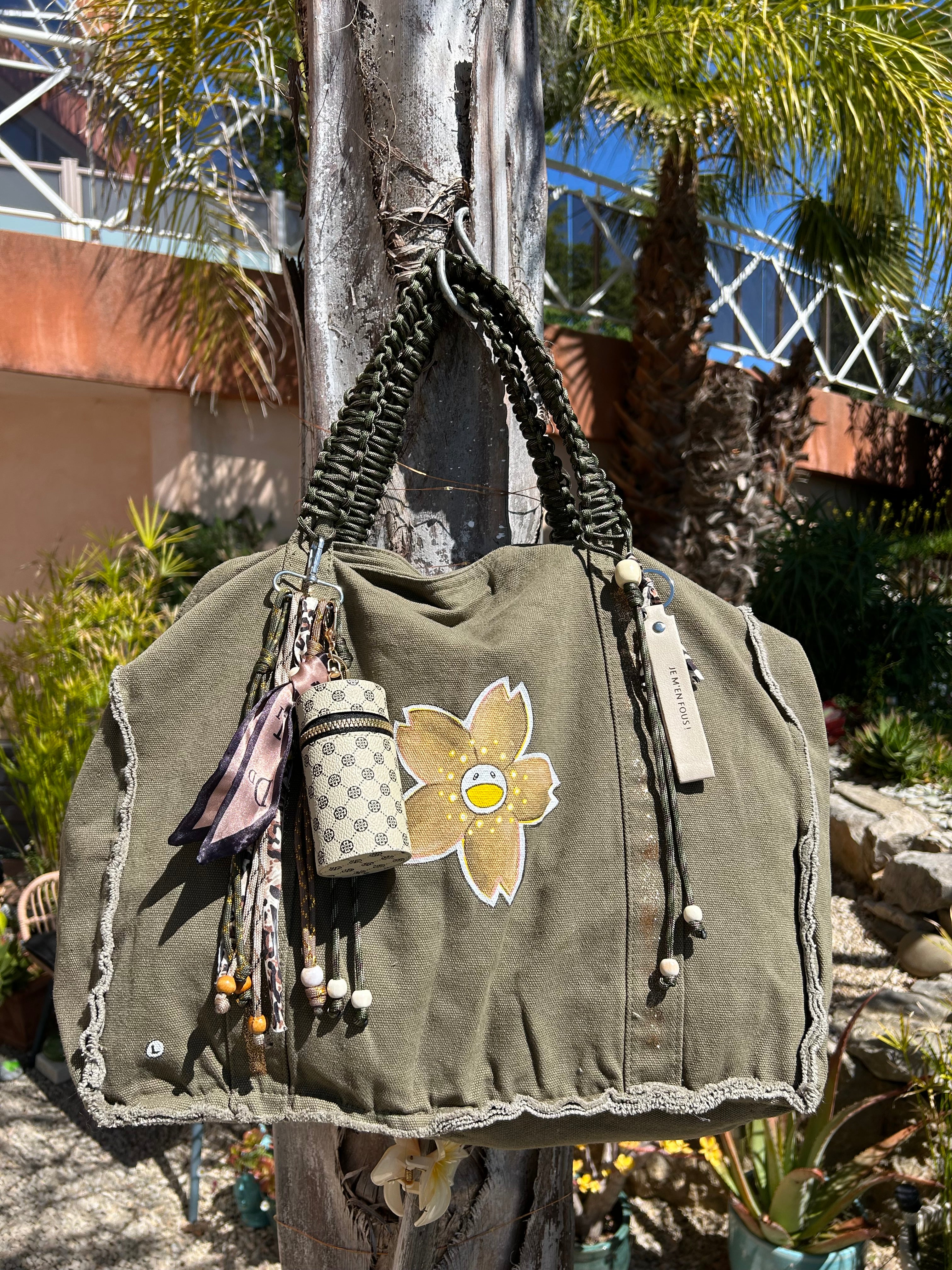 Grand sac toile kaki flower