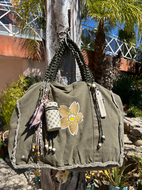 Grand sac toile kaki flower