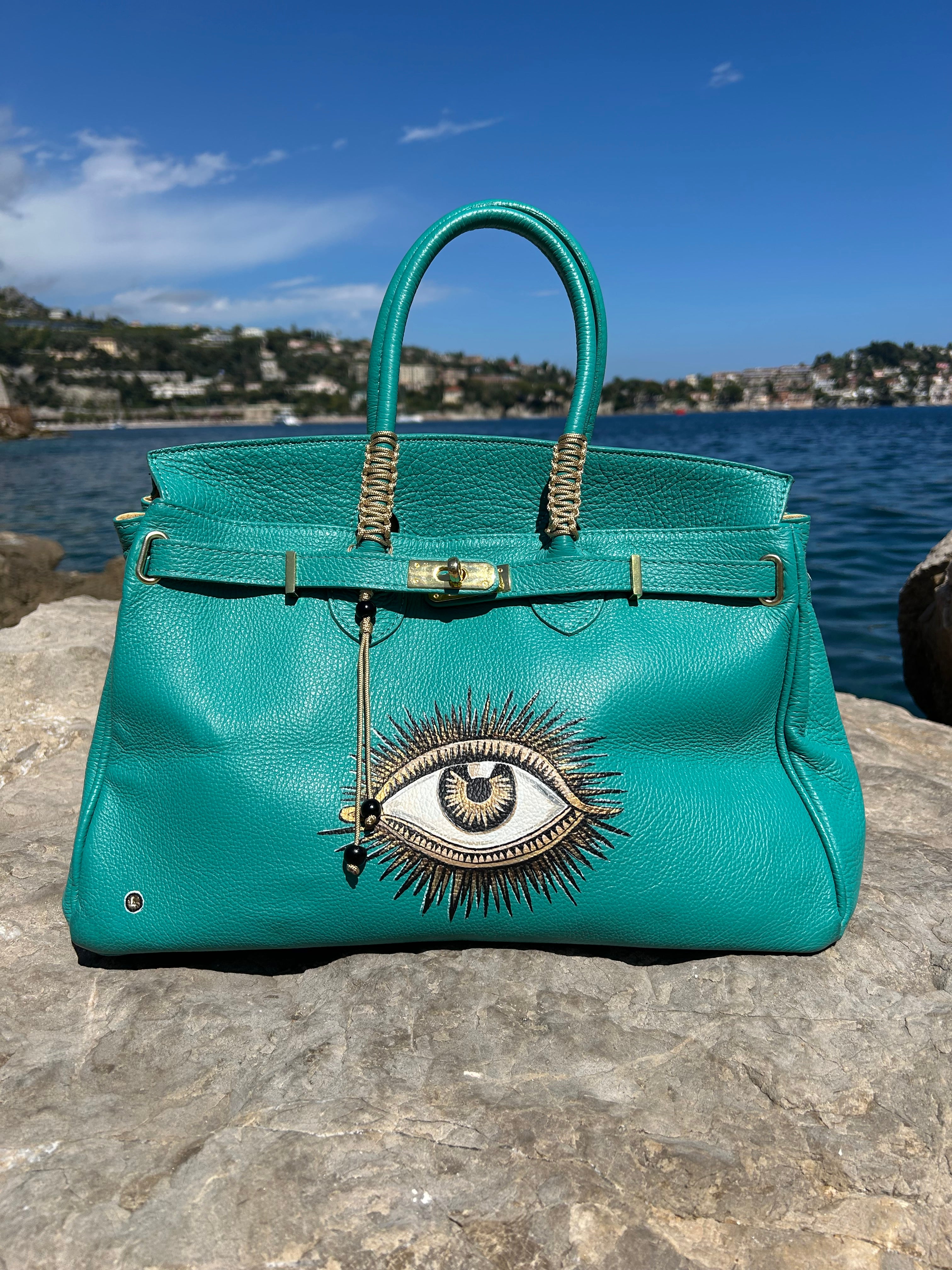 Cabas cuir turquoise OEIL