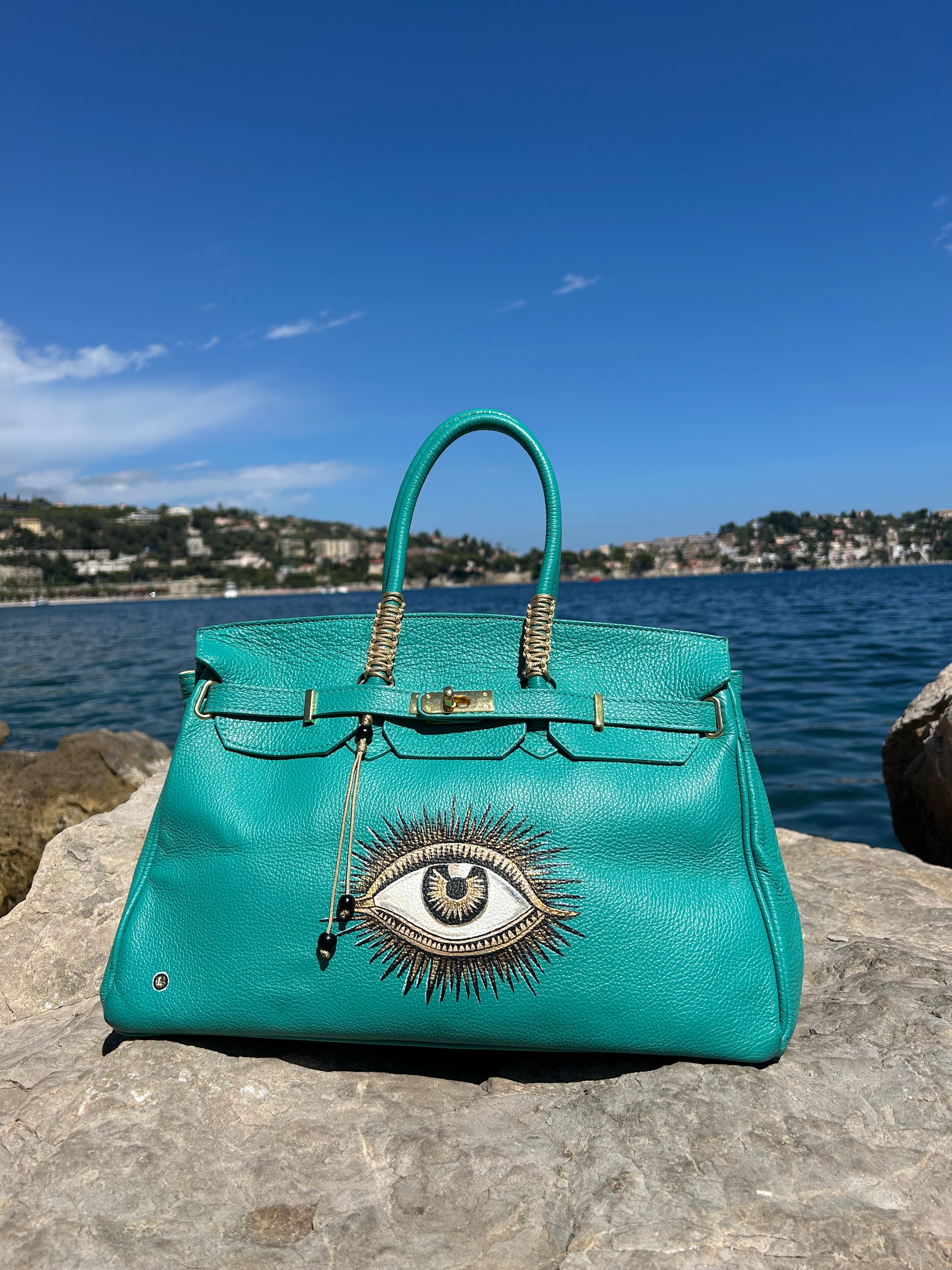 Cabas cuir turquoise OEIL