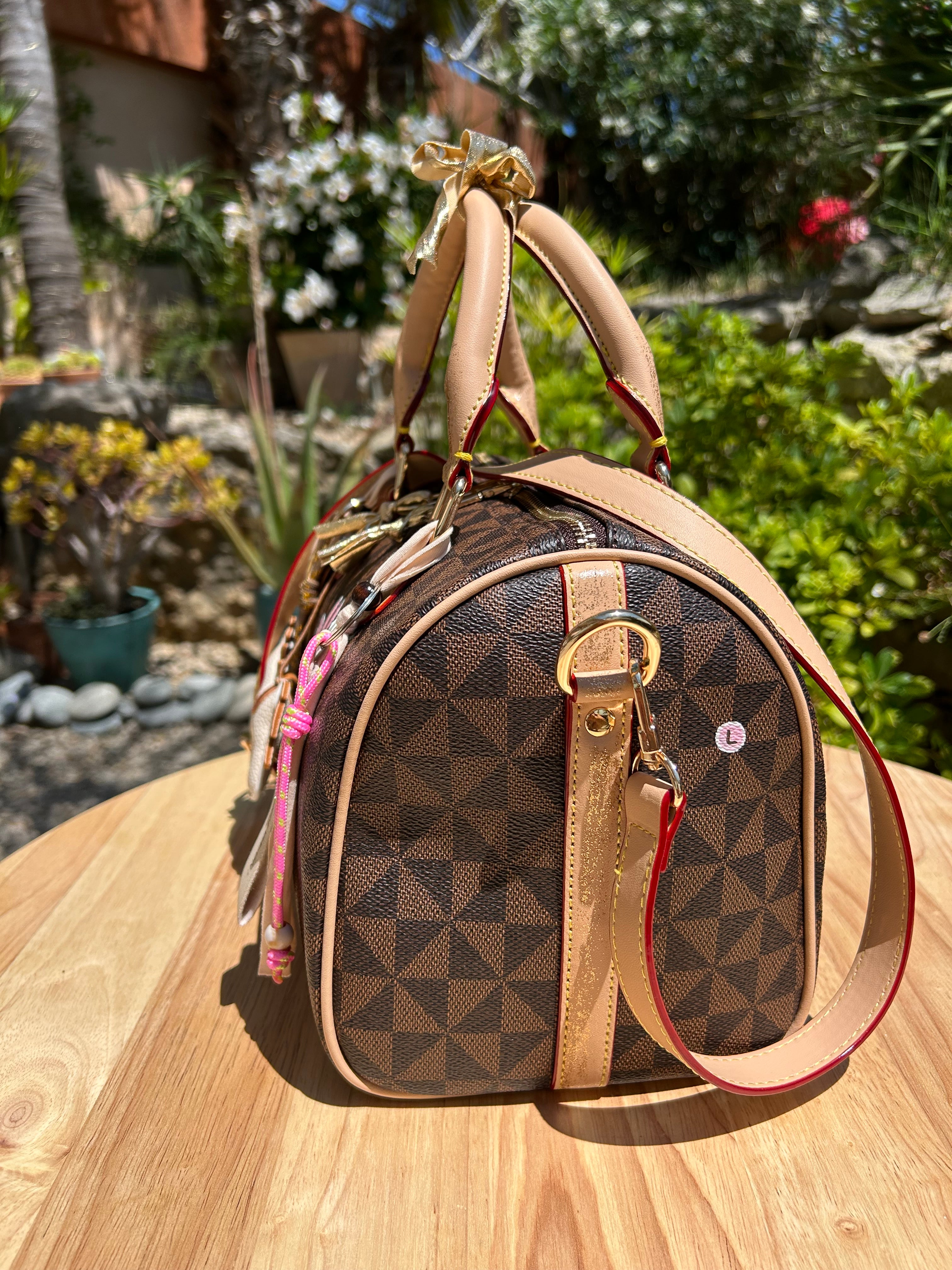Sac Boston marron pink flower