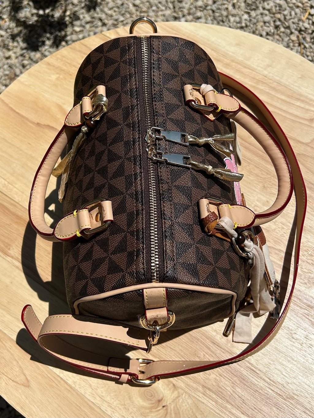 Sac Boston marron pink flower