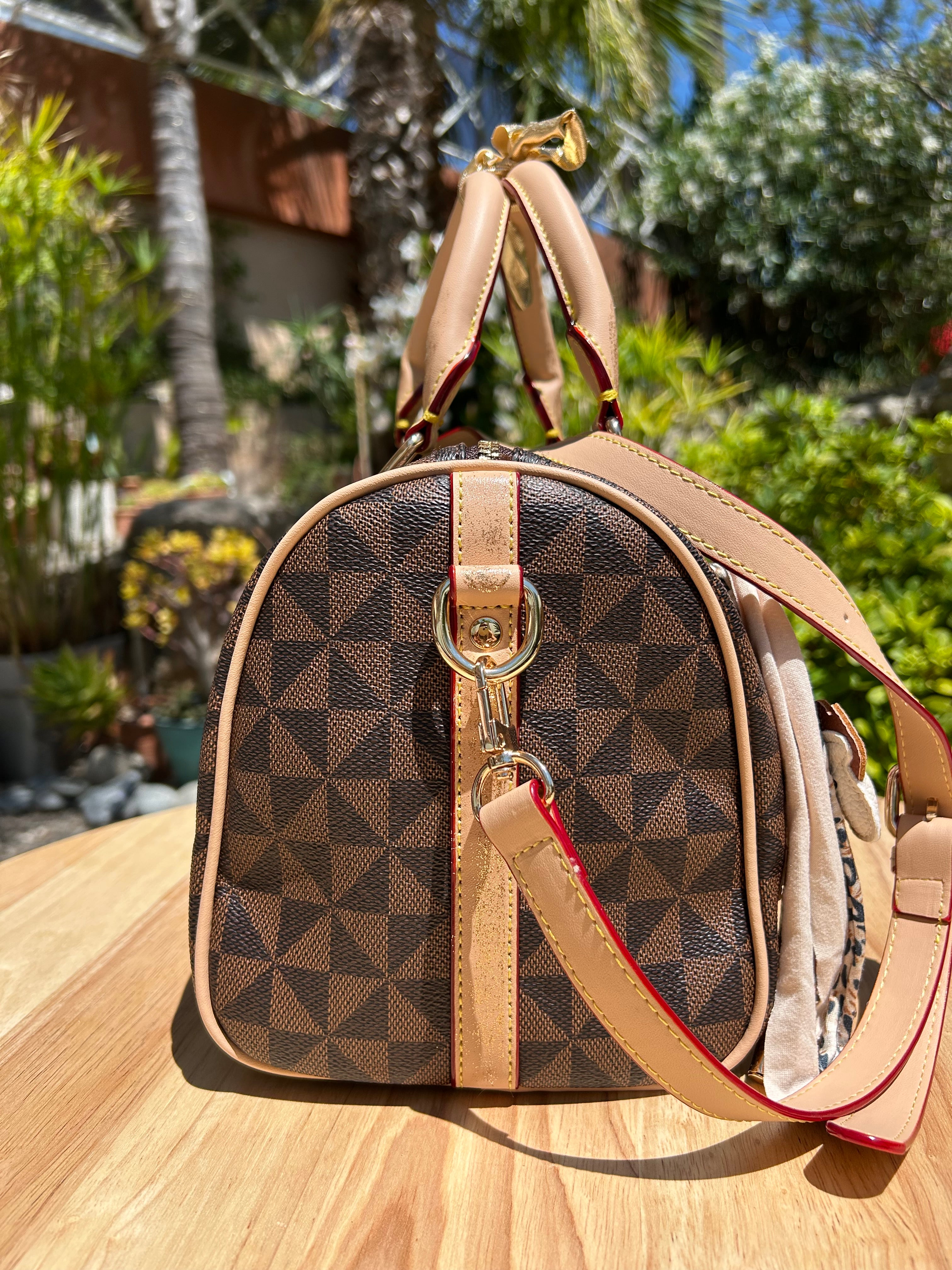 Sac Boston marron pink flower