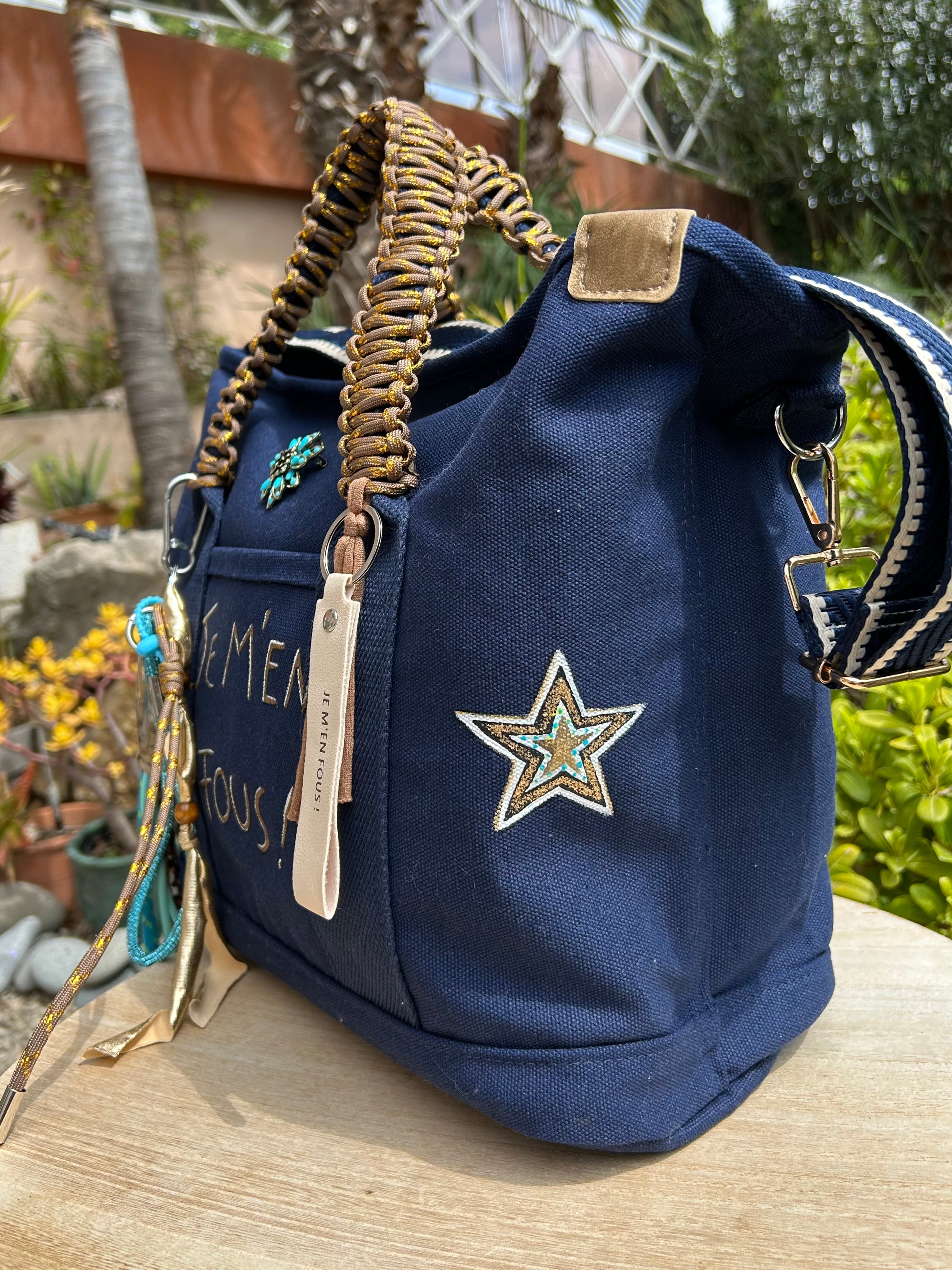 Grand sac toile bleu marine JE M’EN FOUS !