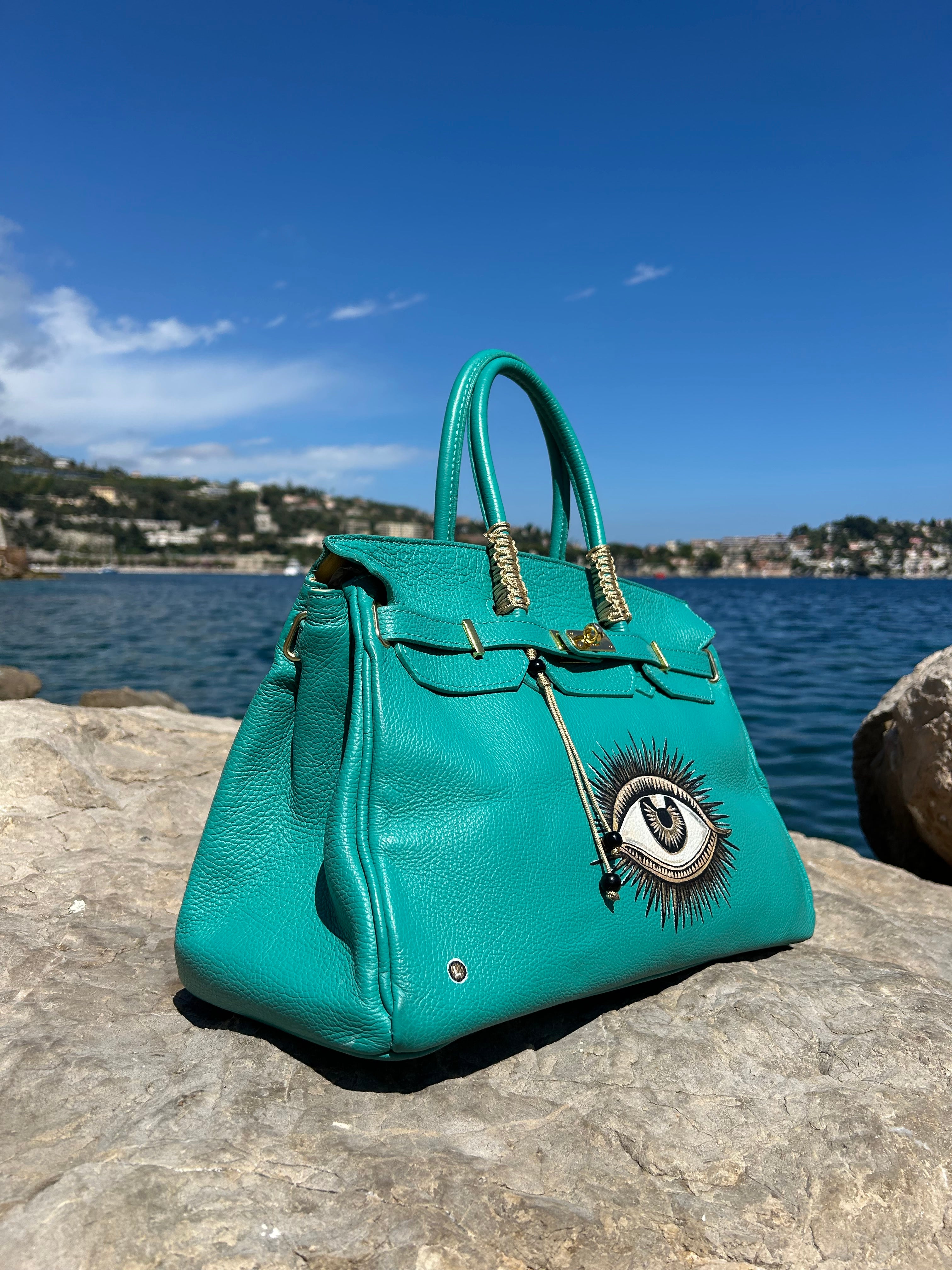 Cabas cuir turquoise OEIL