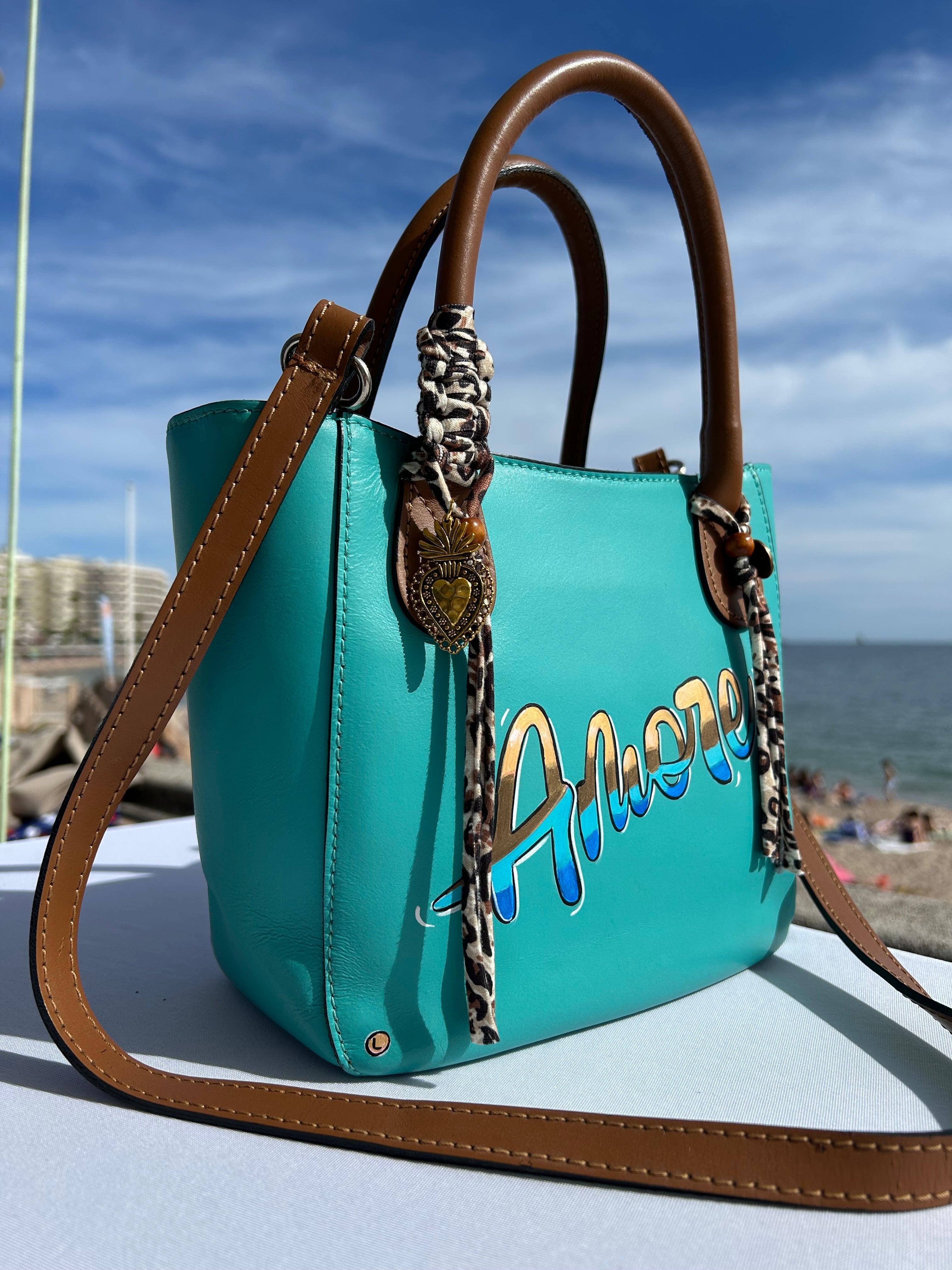 Sac cuir turquoise AMORE
