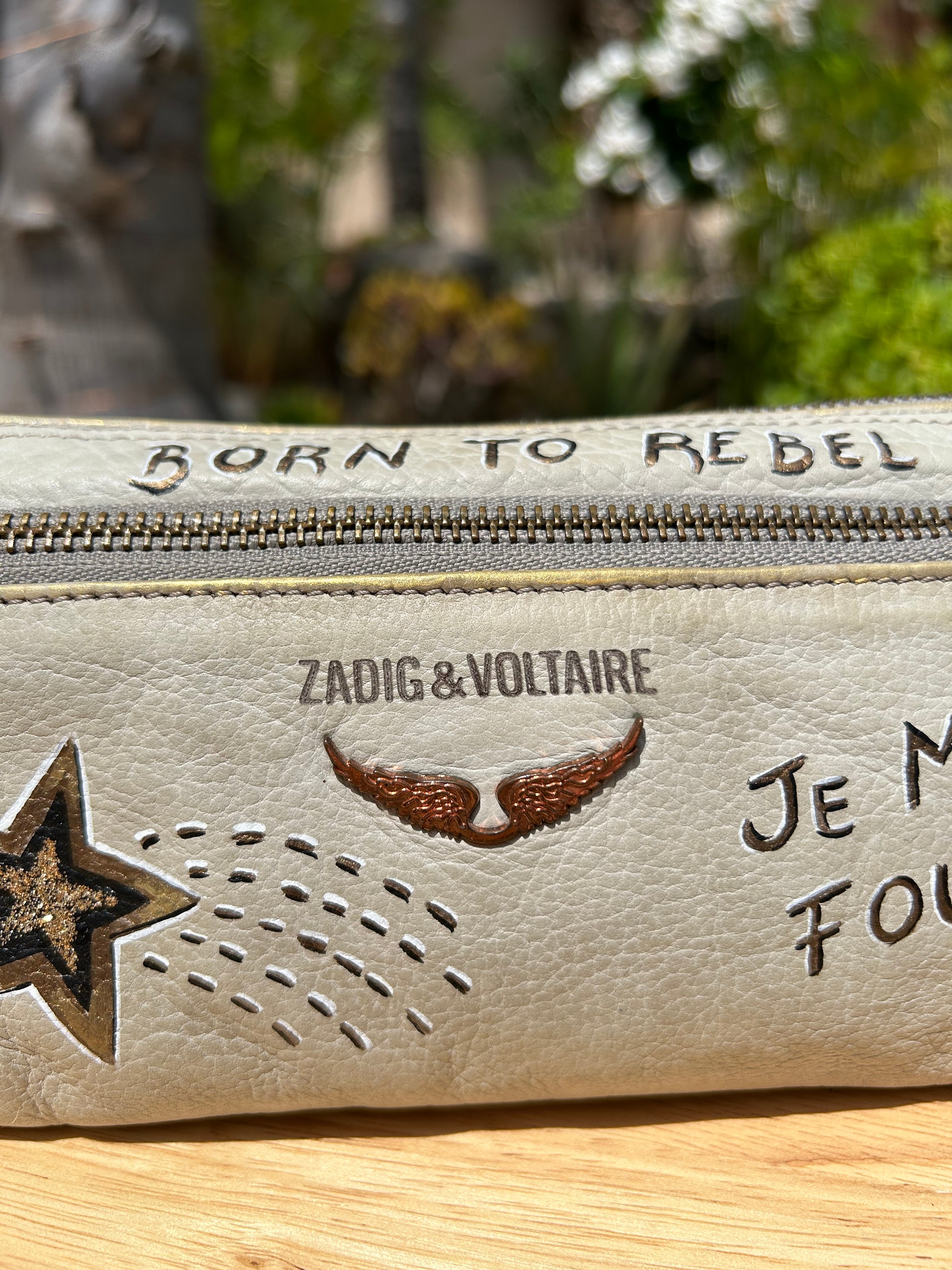 Pochette cuir ZADIG vintage customisée JE M’EN FOUS
