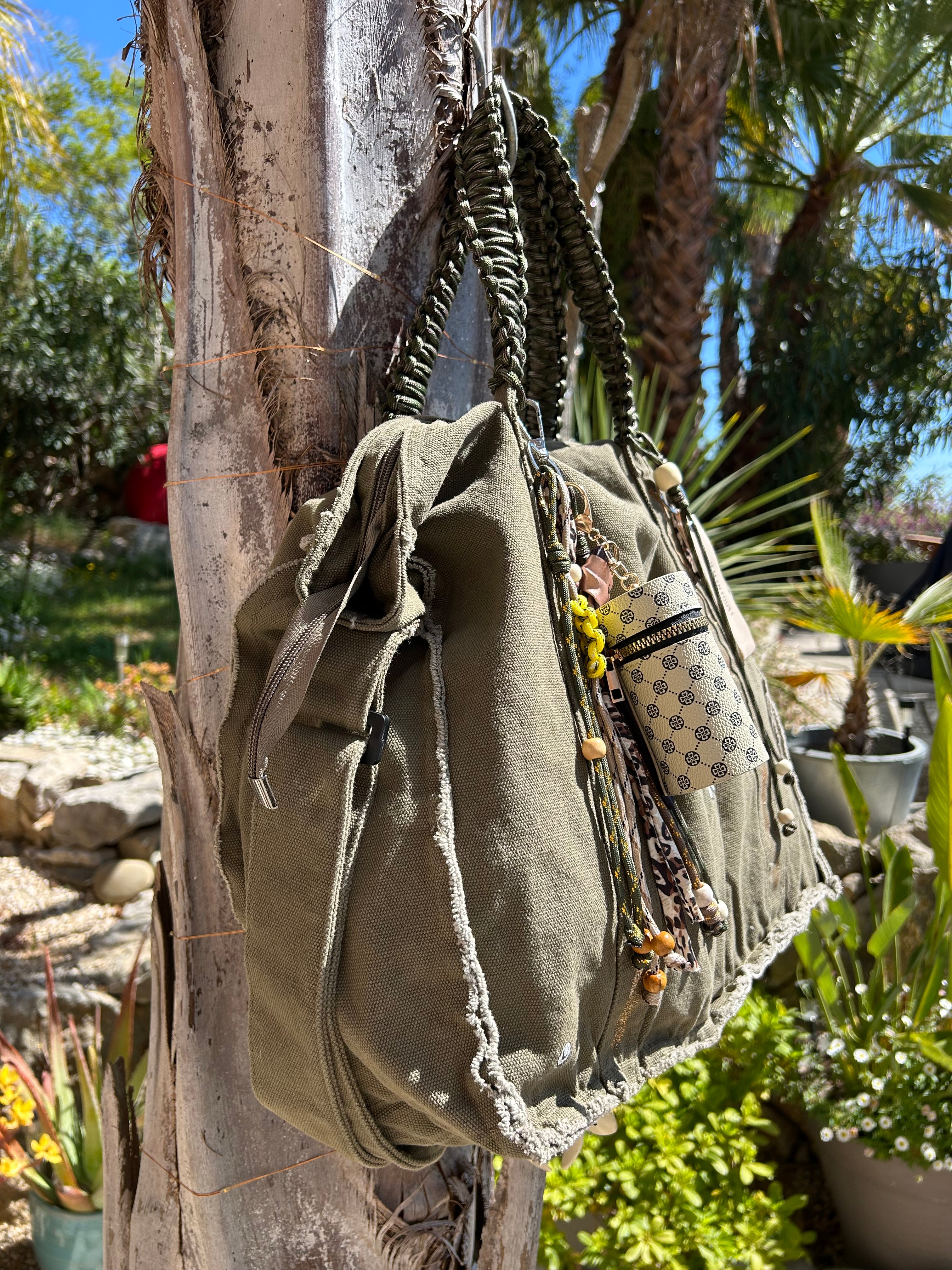 Grand sac toile kaki flower