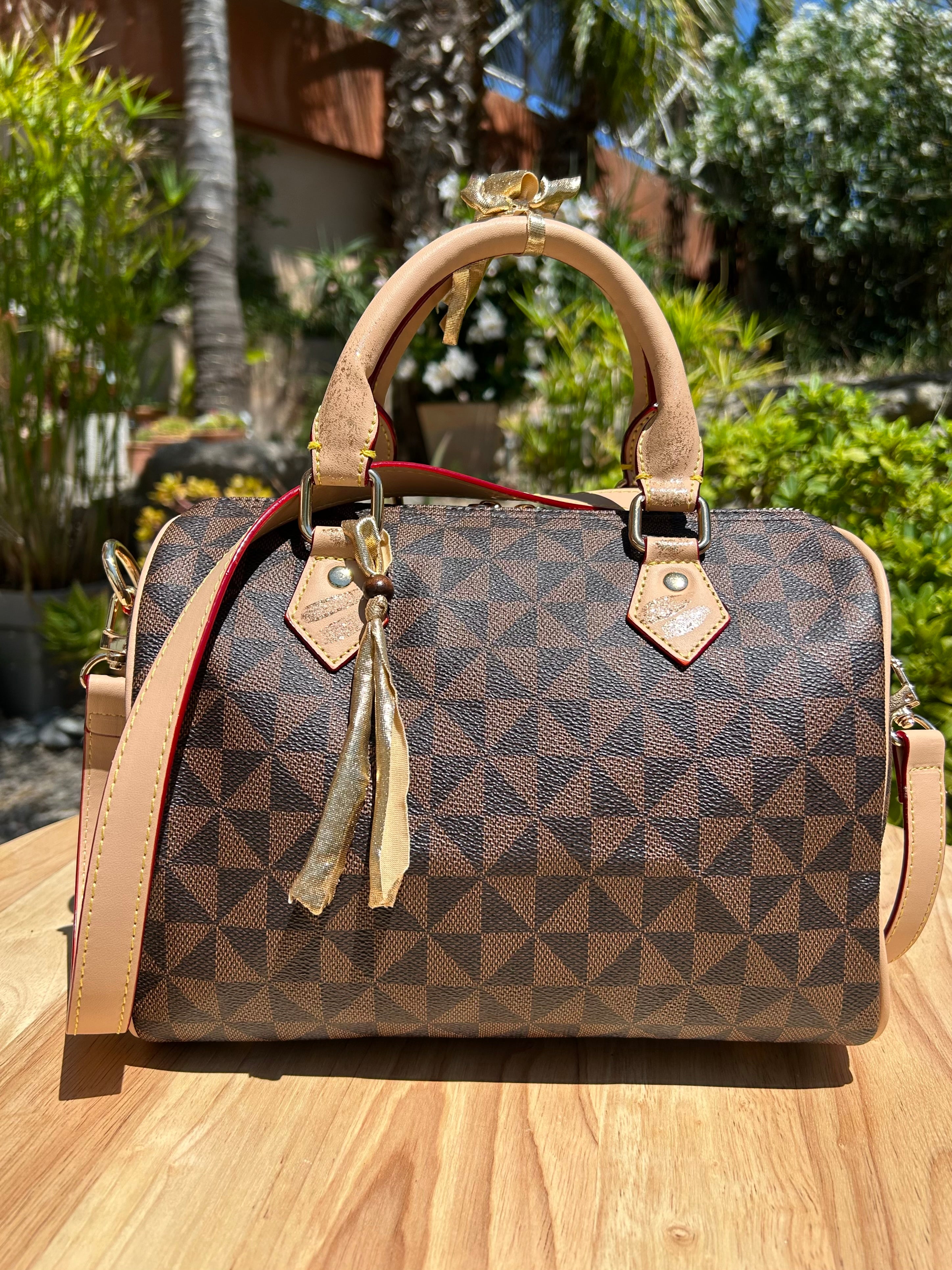 Sac Boston marron pink flower