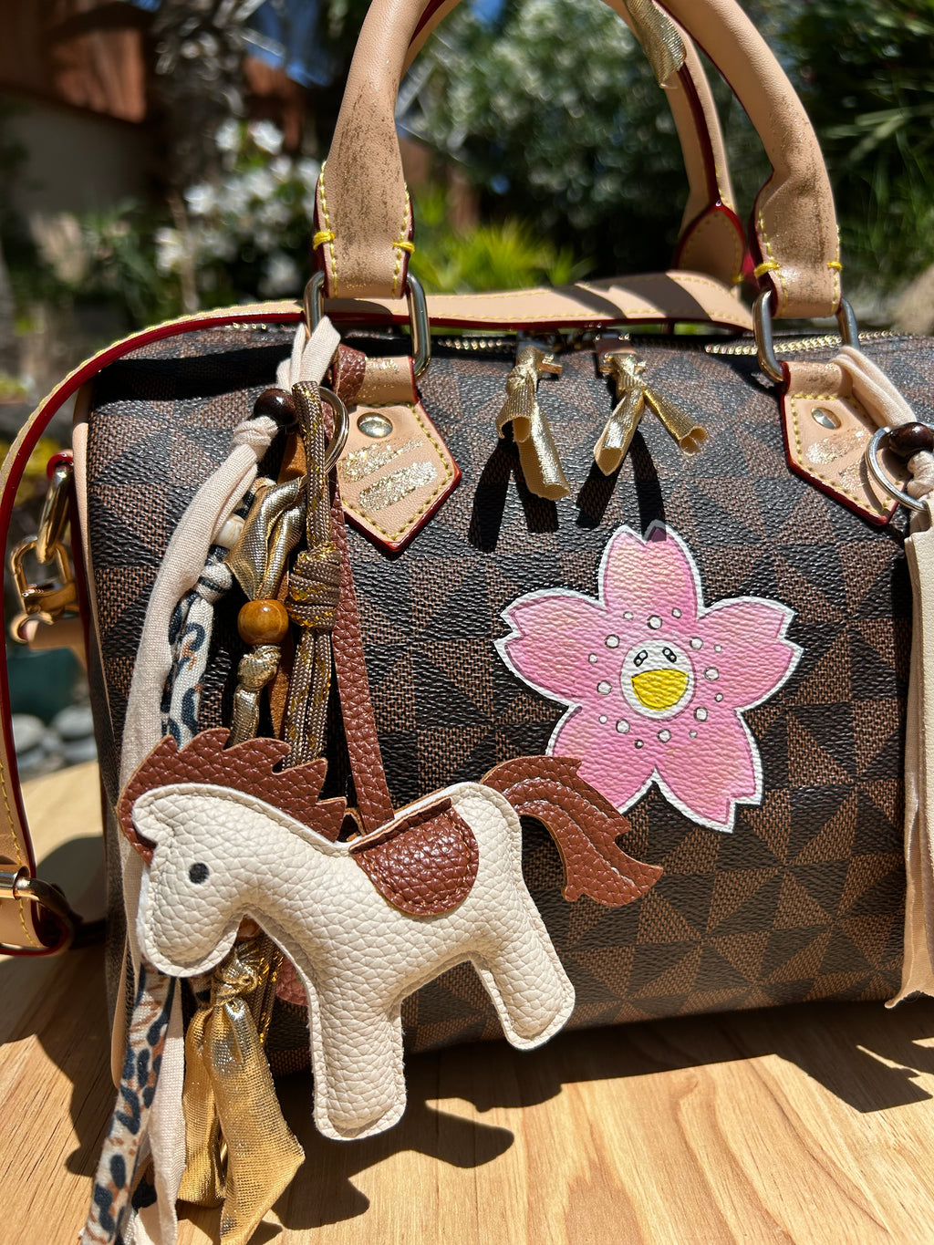 Sac Boston marron pink flower