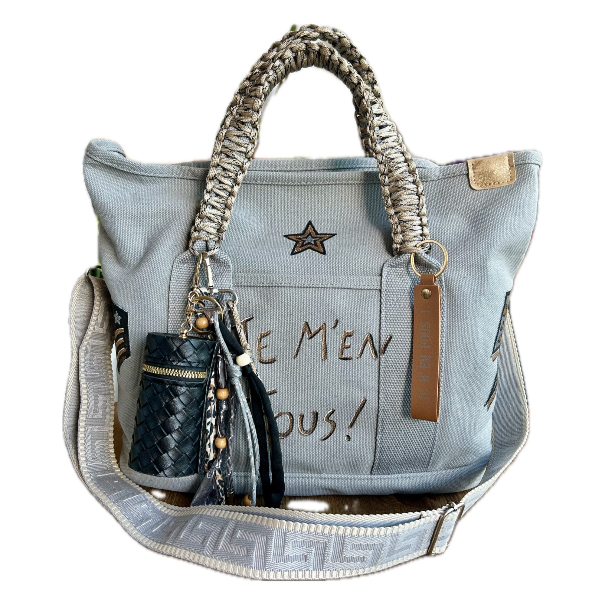 Grand sac toile gris JE M’EN FOUS !