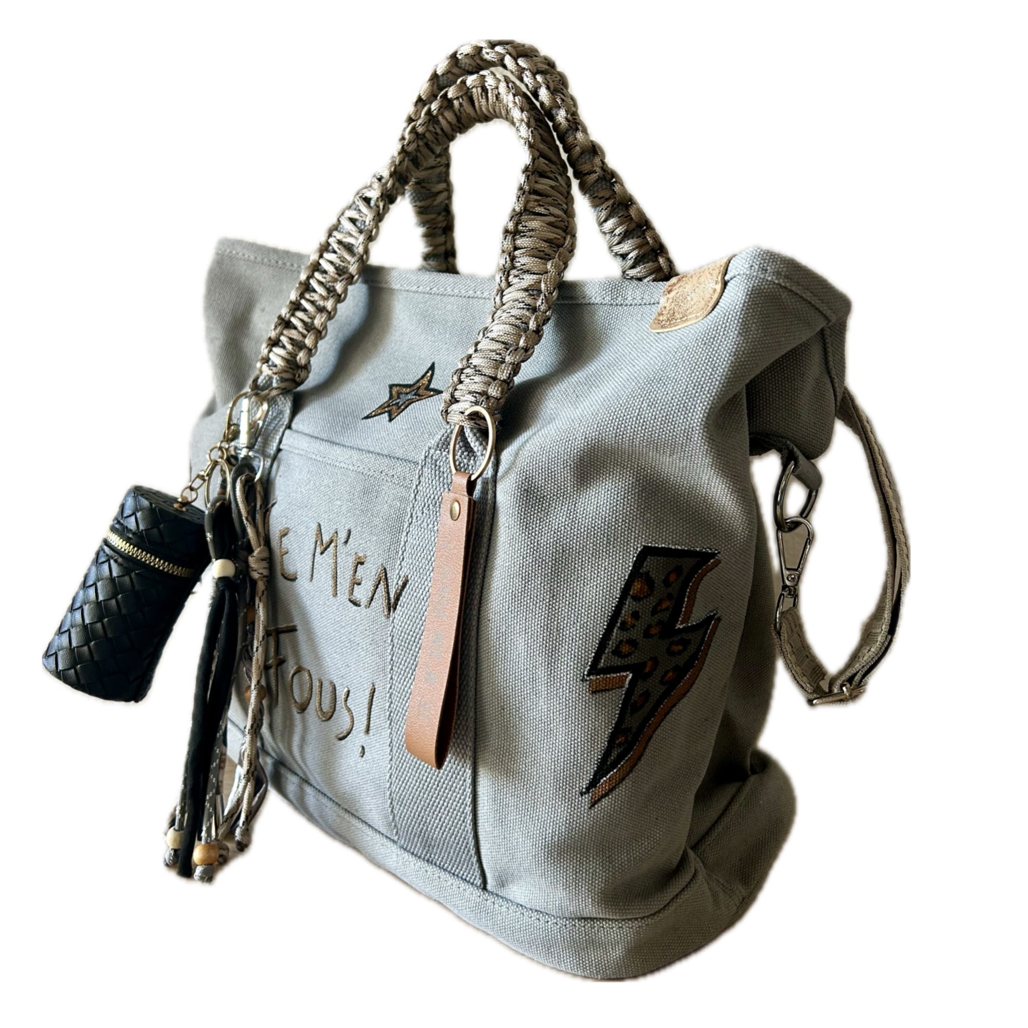 Grand sac toile gris JE M’EN FOUS !