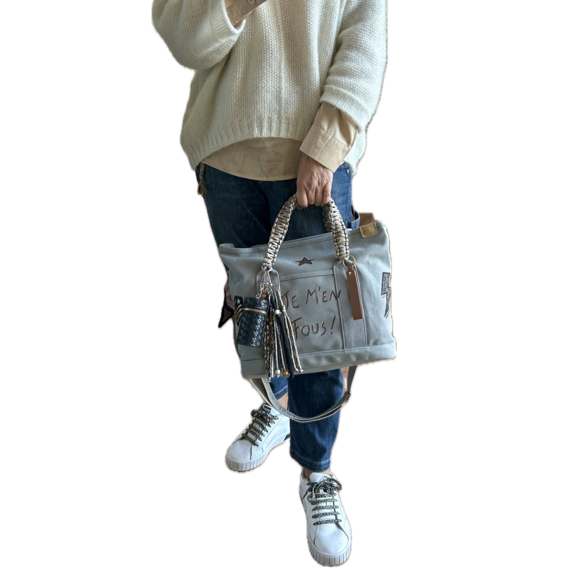 Grand sac toile gris JE M’EN FOUS !