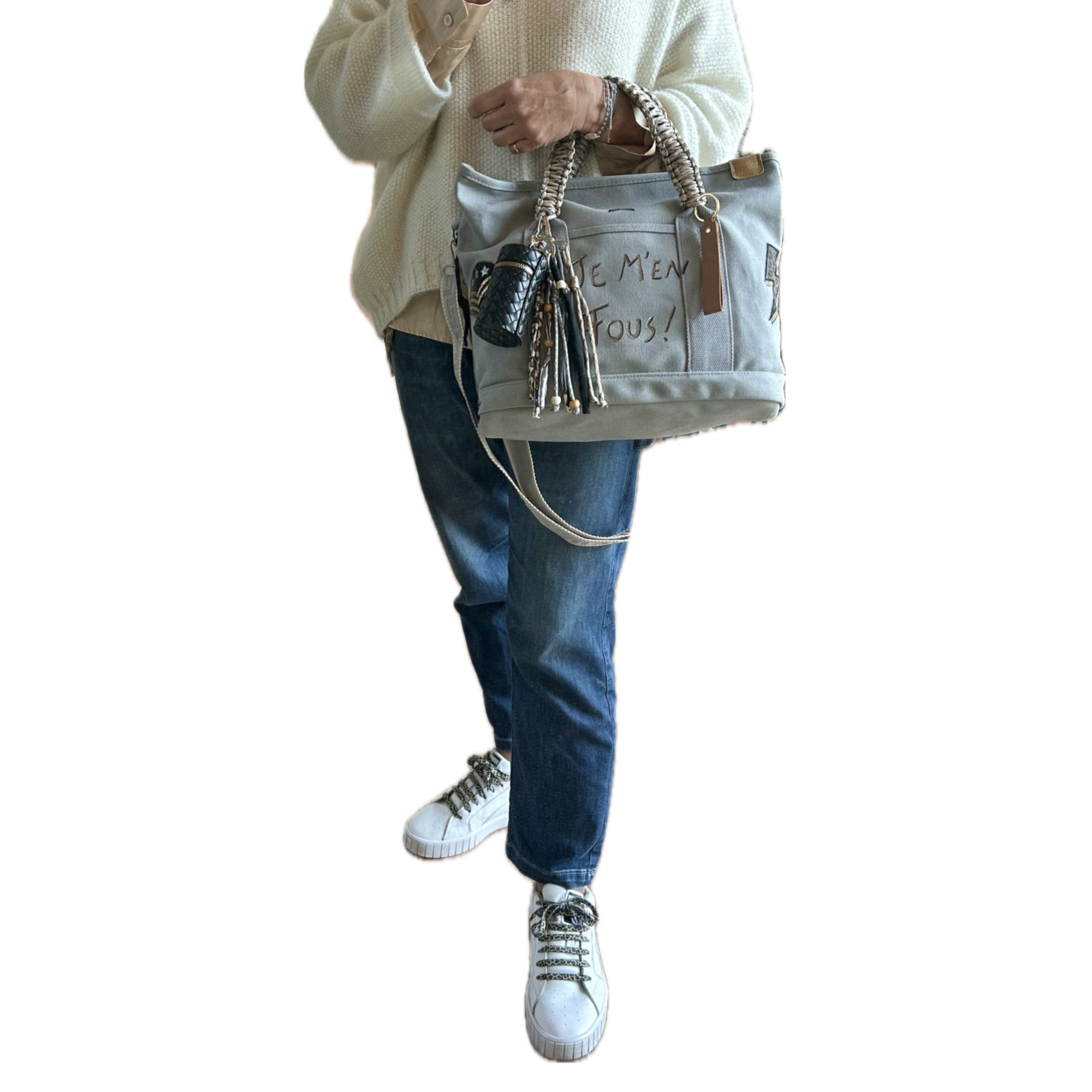 Grand sac toile gris JE M’EN FOUS !