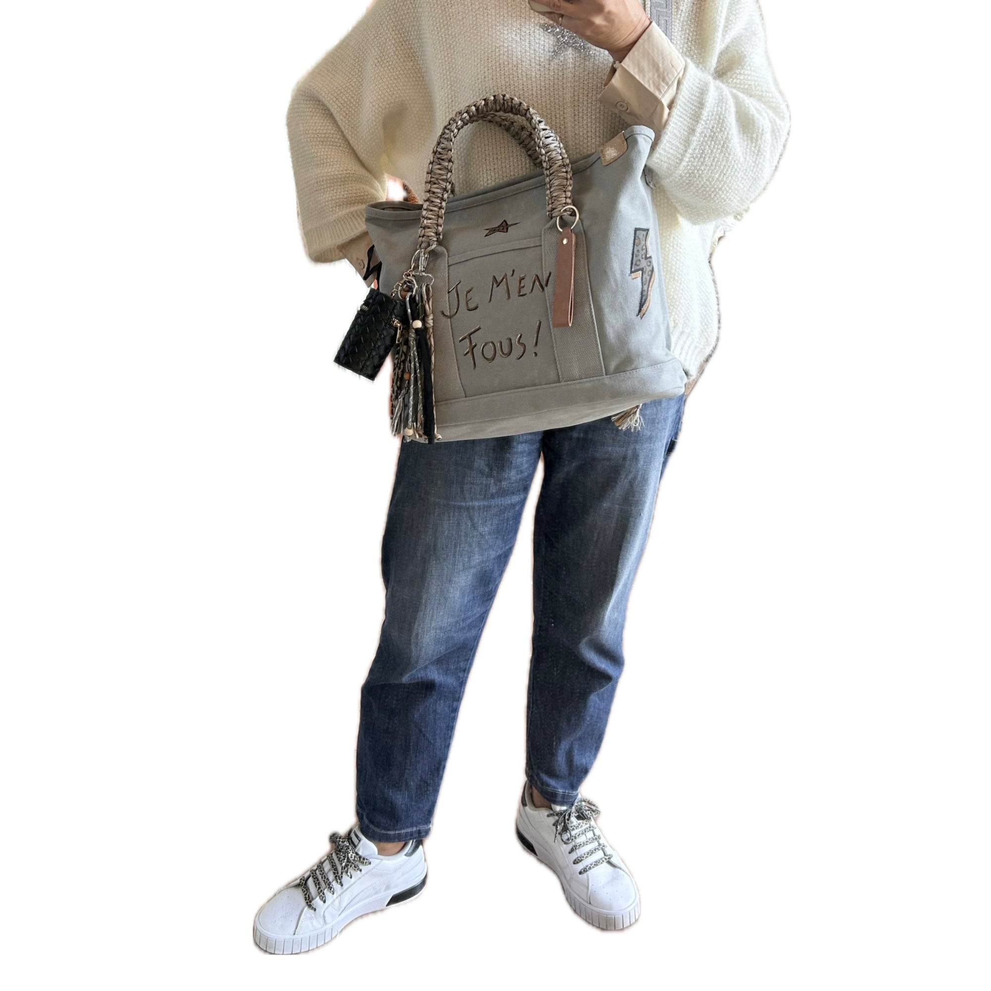Grand sac toile gris JE M’EN FOUS !
